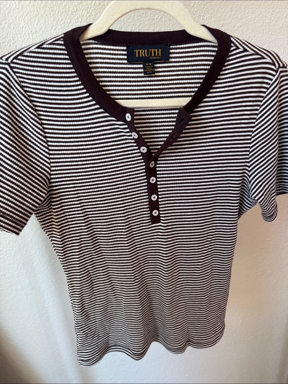 Truth Brown and White Striped Henley Tee